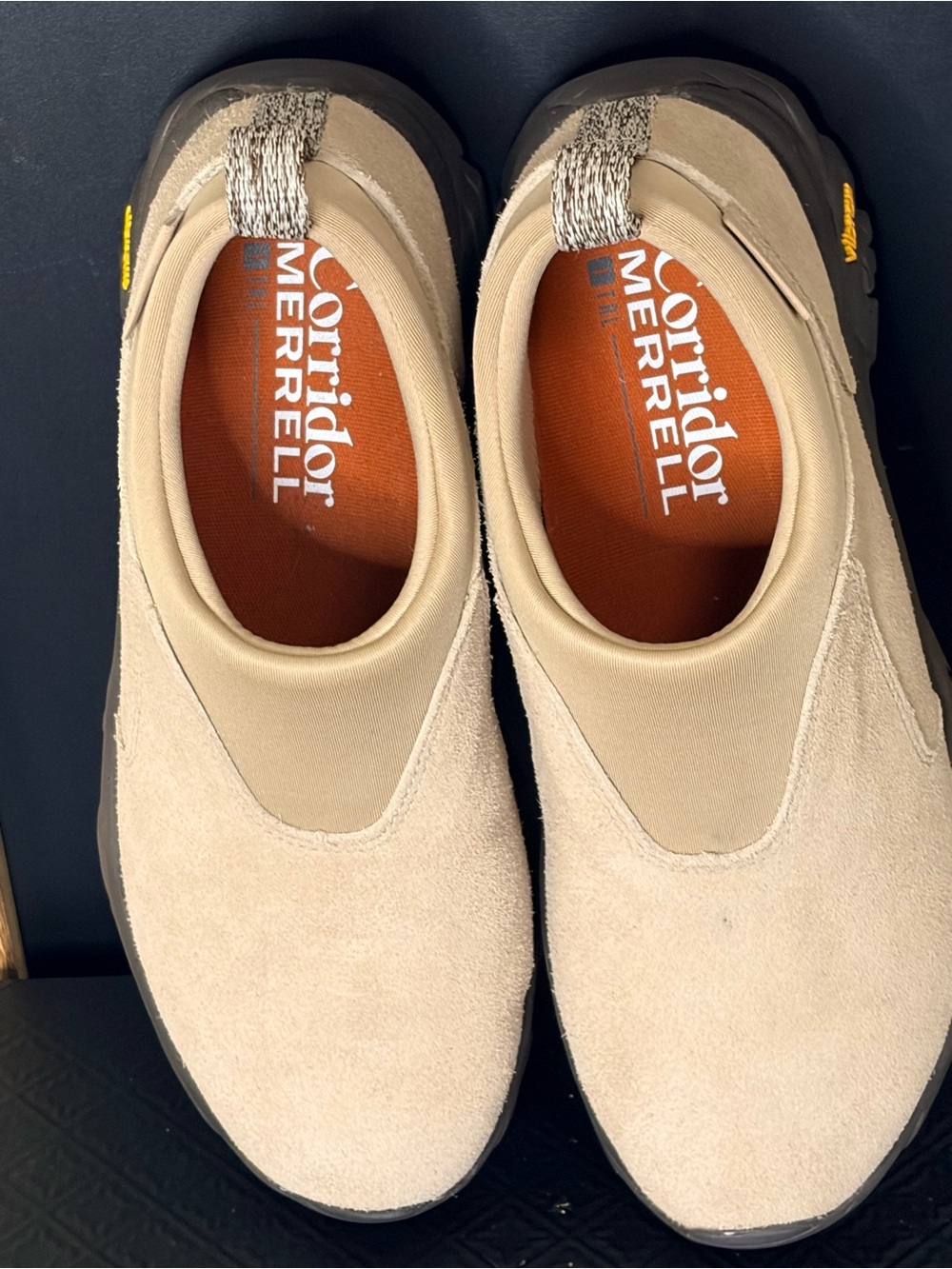 Merrell Men’s Slip-On Suede Loafers in Beige with Orange Insole